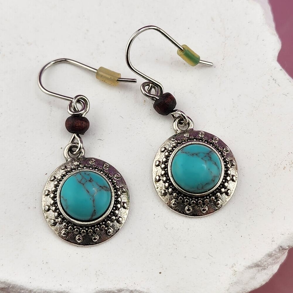 Turquoise Color Round Cabochon Drop Earrings Silver Tone Beaded Frame Pair